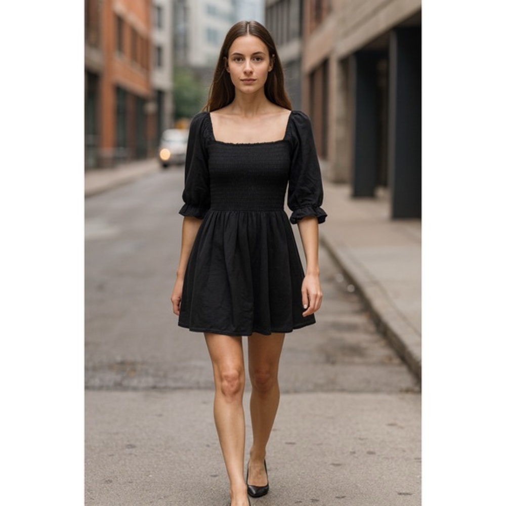 Wayf Black Puff Sleeve Mini dress